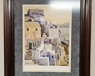 Greek artist-signed watercolor of a Santorini hillside