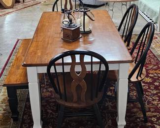 Great rustic wooden dining set with matching bench and Windsor-style chairs