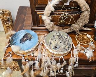 Native American decorative, wildlife-themed drum dream catchers