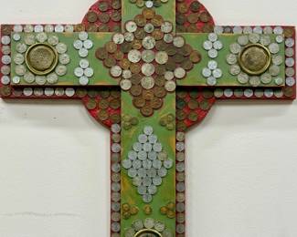 Super interesting folk-art cross of coins and medallions