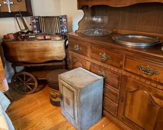 Vintage bar cart; hutch, bread warmer