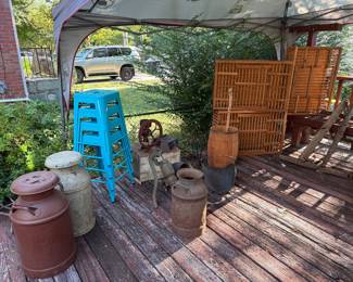 Antique chicken coops; milk cans