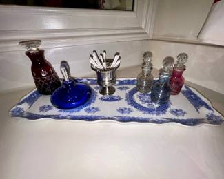 Blue & white porcelain vanity tray with cut glass perfume bottles