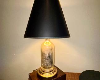 Mercury glass bottle lamp with black shade