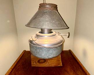 Vintage galvanized metal barn lamp shade, converted