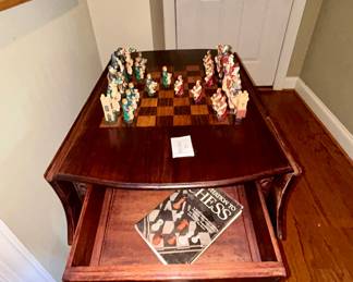 Wooden chess table with chess set - $145