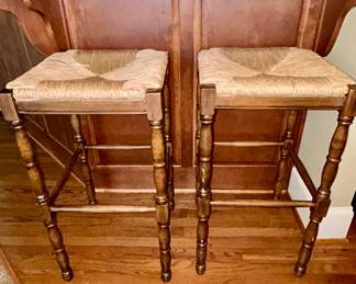 Pair of rush-seat spindle leg bar stools