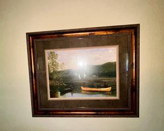 Framed print, canoes on lake, ornate gilt frame