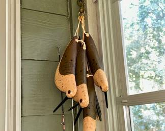Carved wooden shorebird decoys, hanging cluster of 4