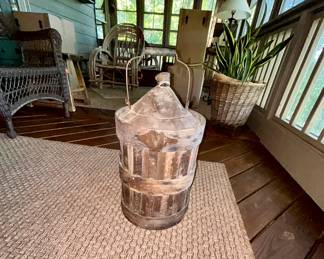 Antique wooden slat lidded pantry canister with handle