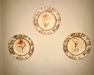 Toile floral wall plates with wire hangers, set of 3