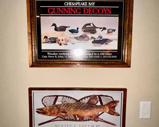 Framed Chesapeake Bay decoy & fish carving prints, pair