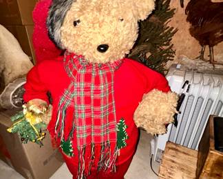 Standing plush Christmas bear décor in pajamas, scarf