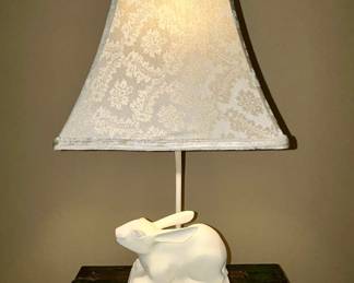 White rabbit table lamp with damask shade