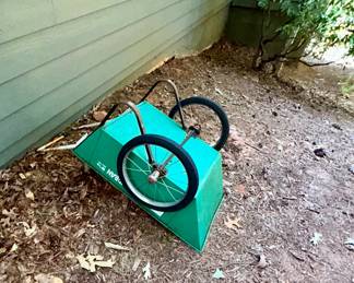 two-wheel garden cart/wheelbarrow, green metal, rusty