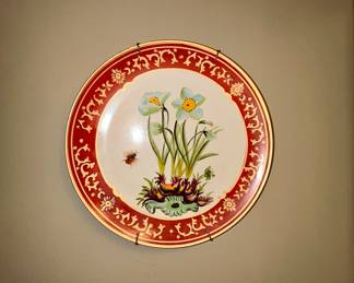 Hand-painted floral wall plate with bee, red border