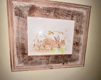 Framed rabbit family watercolor print, rustic wood frame
