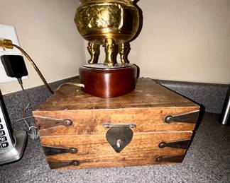 Brass footed lamp on wood inlaid trinket box