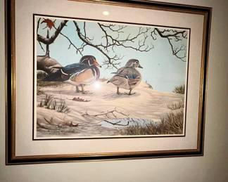 Framed wood duck print, signed limited edition, gold frame