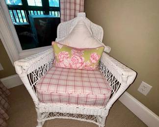 White wicker chair with plaid cushion - $85
