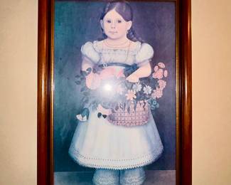 Framed folk art print, girl with flower basket