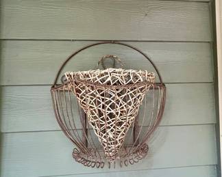 Wire and wicker wall-mount hanging flower basket planter