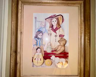 Framed 'Pat Young' antique dolls print, gold frame