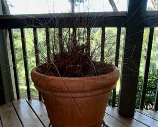 Large terracotta planter pot with metal rolling stand