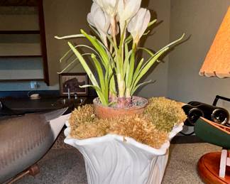 White ceramic vase with faux crocus floral arrangement
