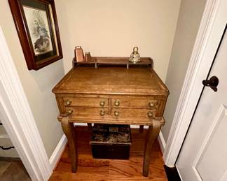 Antique oak lectern desk with drawers, gallery top - $165