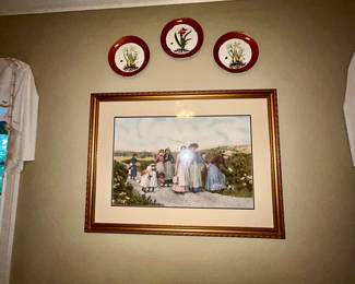 Framed Victorian countryside print with 3 floral plates
