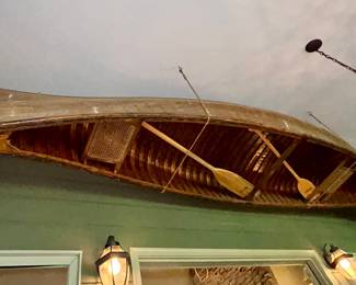 Vintage 15’ Wood-and-Canvas Canoe with Two Paddles – Incredible Cabin Décor - $695