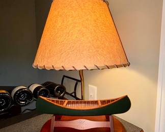Rustic canoe lamp with birch bark style shade