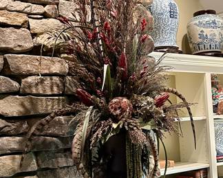 Large dried floral arrangement with pheasant feathers, urn - pair