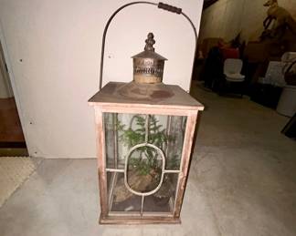 Large decorative wood & metal lantern with faux plants