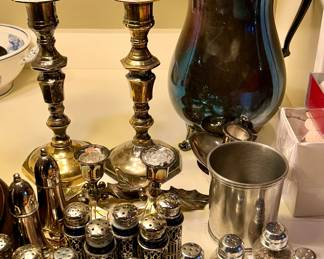 Silverplate candlesticks, pitcher, salt & pepper shakers