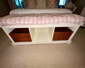 White storage bench with wicker baskets, cushion - $110