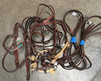 assorted leather bridles, side pulls, reigns