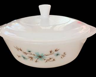 vintage Glasbake Frost Pine Casserole Dish featuring a mid-century pine branch motif