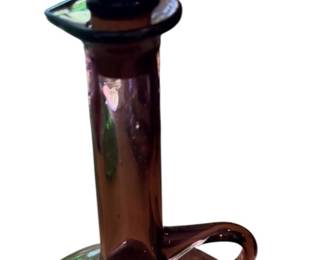 amethyst purple hand-blown glass cruet or small decanter featuring an applied handle, a long neck with a spout, and a matching spherical ball stopper.