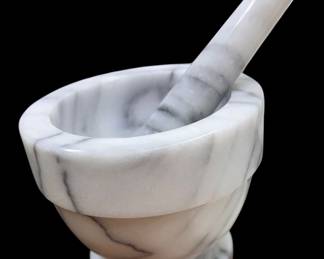 a classic white and gray natural marble mortar and pestle set