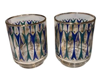 4 vintage Libbey Ondine mid-century modern lowball or juice glass featuring blue and green vertical wave accents with 22-karat gold detailing.