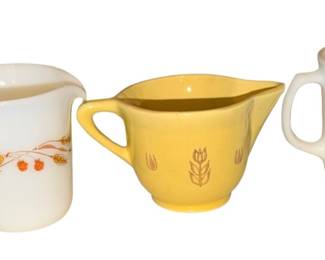 Vintage creamers. Harvest house with autumn wheat, and Berry design. CRONIN POTTERY YELLOW TULIP And Pyrex summer impressions