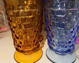 Indiana Glass Whitehall Blue Cubist Footed Tumblers ( Set of Four) Whitehall Amber Footed Glasses, Set of 4 American Fostoria Cubist Pattern,