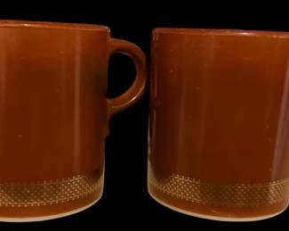 vintage Pyrex "Federal Eagle" 10-ounce coffee mugs in the solid brown and gold-leaf variant, originally released in 1967 as part of the short-lived Hearth Group line