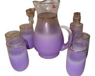 This is a vintage mid-century Blendo glass pitcher and tumbler set in a frosted lavender-purple ombre colorway with gold trim, likely made by the West Virginia Glass Specialty Company during the 1950s or 1960s