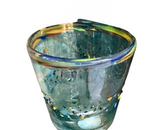 handcrafted, recycled glass tumblers featuring a colorful confetti and speckled rim design, similar to artisan Mexican confetti glassware or Tutti Frutti styles.