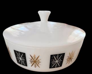 vintage Federal Glass milk glass lidded casserole dish featuring the mid-century modern Atomic Starburst / Snowflake pattern in black and gold