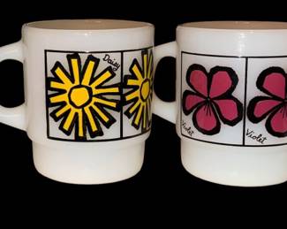 vintage Fire-King Pop Floral milk glass stacking mugs made by Anchor Hocking/1960s