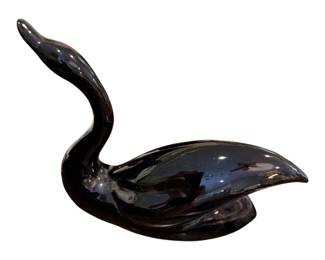 vintage glossy black ceramic swan figurine, often styled in a mid-century or Art Deco TV decor design from the 1970s or 1980s
